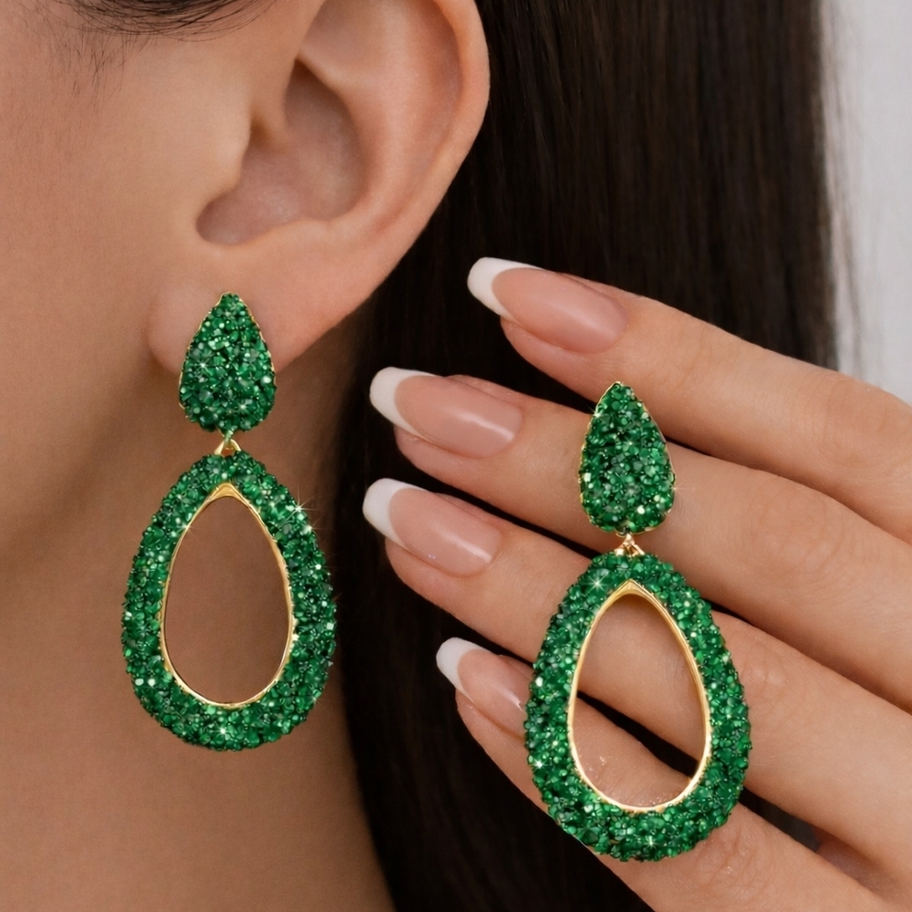 Green Zirconia Teardrop Sparkling Statement Earrings